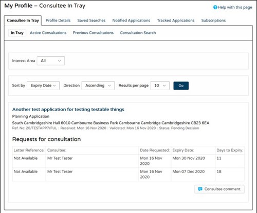 A screenshot of the Consultee In Tray