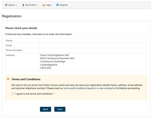 A screenshot of the terms and conditions agreement section of the Public Access registration form