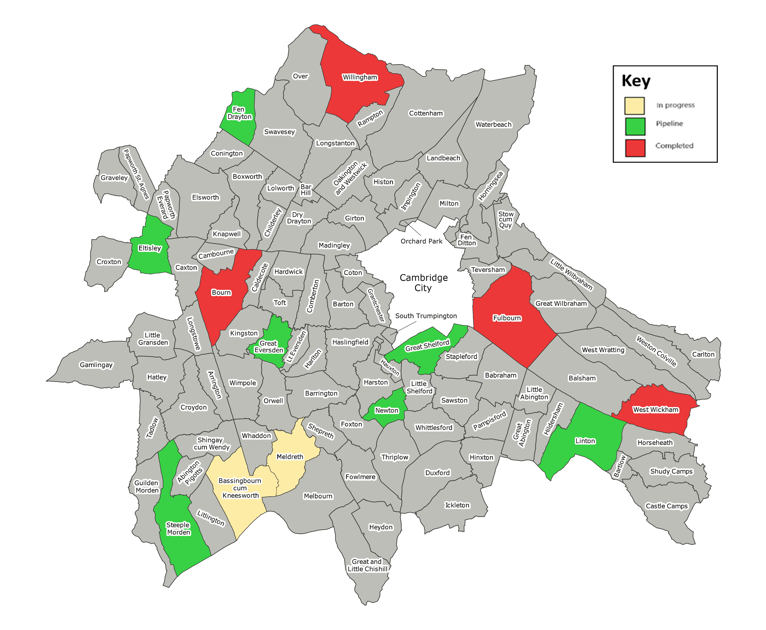 A map of rural exception sites in South Cambridgeshire from March 2021